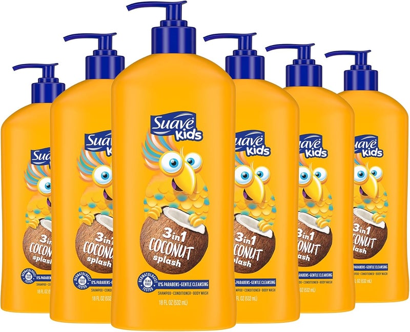 Suave شامبو وبلسم وغسول الجسم سوفي كيدز 3 في 1 برائحة جوز الهند - عبوة من 6 (18 أونصة لكل منها) - Image 1